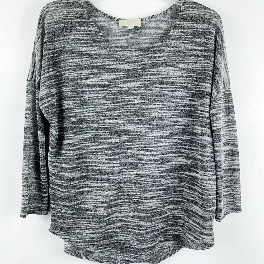 Women's Olive & Oak Long Sleeve Light Knit Relaxed Fit Top, Black, White, Medium